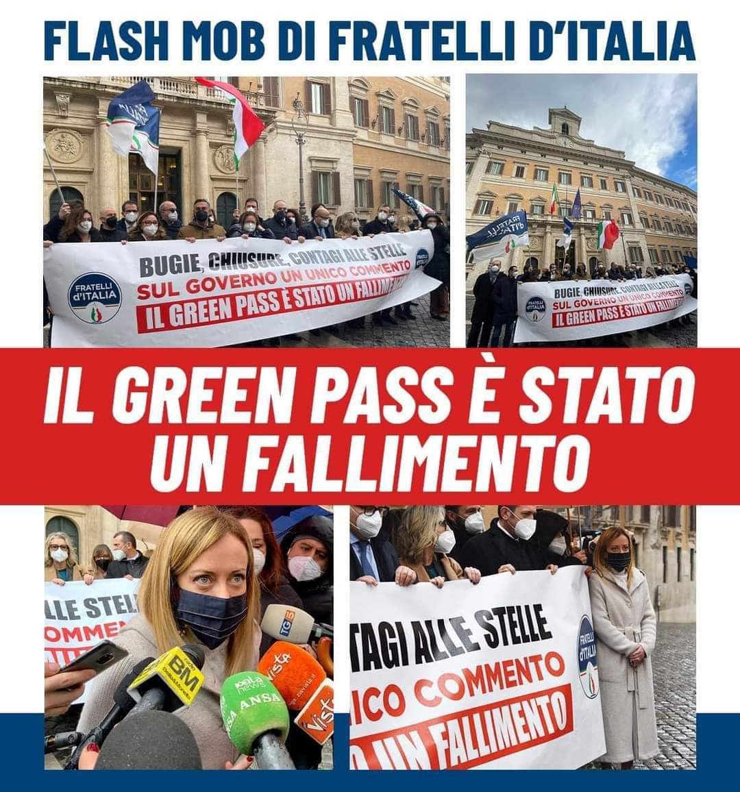 Roma, Flash Mob di Fratelli d’Italia davanti a Montecitorio, contro il Green Pass, 20 gennaio 2022.